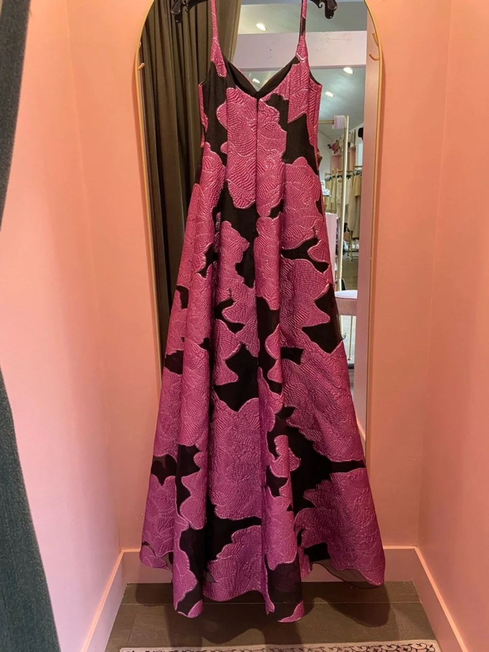 Monique Lhuillier Pink and Black Floral Jacquard Spaghetti-Strap Gown - Picture 5 of 5